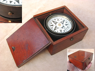 19th century mariners compass gimbal mounted in mahogany case